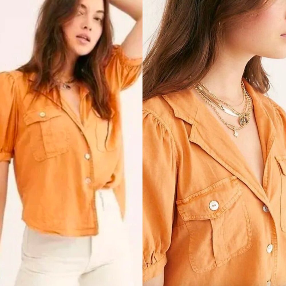 🦋 FREE PEOPLE Peachy Pit Safari Babe Blouse Button Up Linen Casual Everyday XS